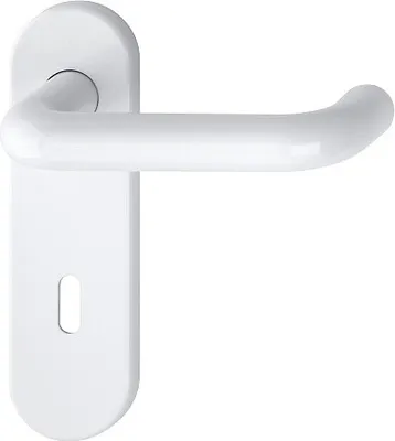 A white door handle set on a white background.