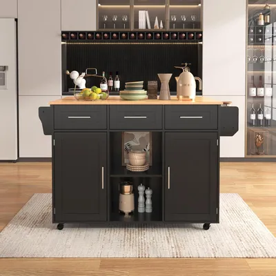 Obrázok produktu pre 139 x 46 (71) x 91,5 cm, veľký jedálenský vozík alebo servírovací stôl s čiernym korpusom, pracovnou doskou z masívneho dreva s imitáciou drevenej štruktúry, výklopnou pracovnou doskou, dvierkami na odkladanie a kolieskami, s výmennými nohami z masívneho dreva, vhodný do jedálne