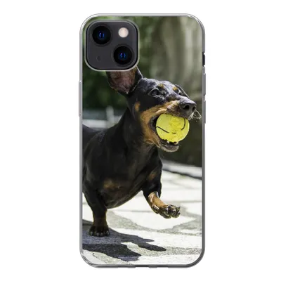 Produktbild von MuchoWow® Handyhülle Schutzhülle Hülle für iPhone 13 Ein schwarzer Dachshund mit einem Tennisball Silikon Softcase Handy Hülle - Karteninhaber