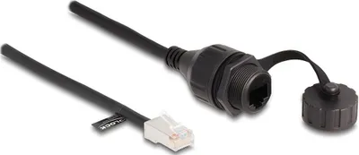 Produktbild von Delock Kabel RJ45 Stecker zu RJ45 Buchse zum Einbau mit Verschlusskappe Cat.5e FTP IP68 staub- und wasserdicht 25 cm schwarz