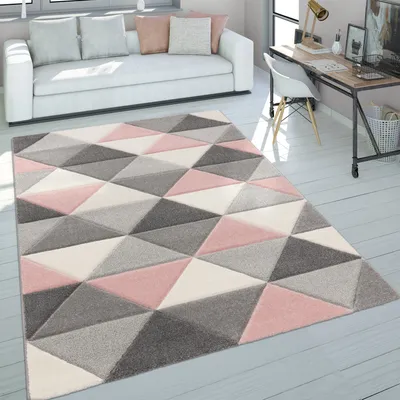 Immagine prodotto di Tappeto soggiorno Rosa Grigio Colori pastello Design 3D Motivo triangolare Pelo corto Dimensioni 60x100 cm