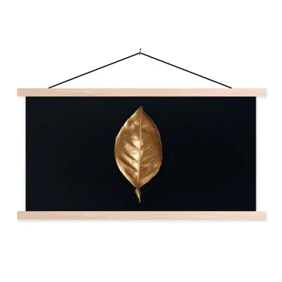 Produktbild von MuchoWow® Textilposter Blätter - Chic - Gold - Pflanzen - Schwarz 60x30 cm mit holzfarbenen Rahmen - Dekoration