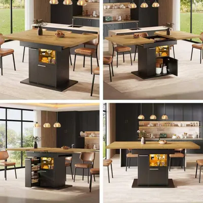 Immagine prodotto di Tavolo da pranzo estendibile per 4-6 persone, tavolo in MDF nero con spazio contenitivo, ripiani in vetro e illuminazione LED multicolore, dimensioni 110–140 cm