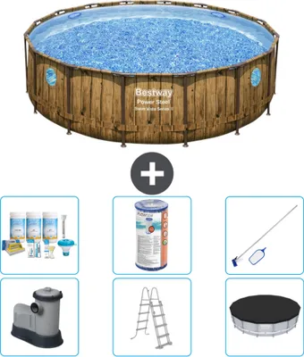 Produktbild von Bestway Round Power Steel Swim Vista Schwimmbad – Holzdruck – 488 x 122 – inklusive Pumpe – Leiter – Abdeckung Wartungspaket - Filter - Reinigungskit