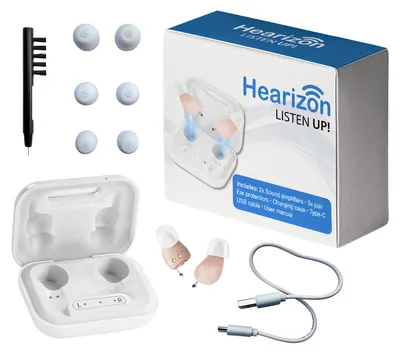 Produktbild von Genius Hearizon Hörverstärker Set 11-tlg, Sprachverstärker, für Senioren, In-Ear, intuitive Bedienung, 2 Modi, 5 Lautstärkestufen, bis 14 Std Laufzeit