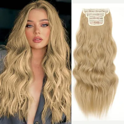 Produktbild von Clip-In Haarverlängerung wellig Butterblond 24 Zoll 4 Stück Synthetik
