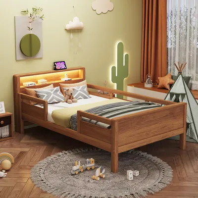 A child's bedroom with a wooden bed, toys, and decorative elements.