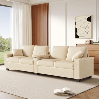 Produktbild von okwish Modernes Loungesofa 4-Sitzer Chaiselongue mit klappbarer Armlehne,Relaxsofa Sitzgruppe mit USB- und USB-C-Ladeanschlüssen,Beige