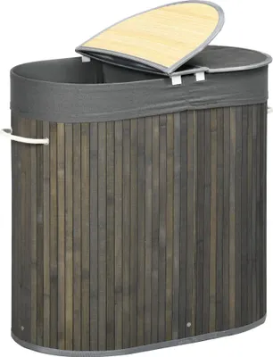 Produktbild von Grauer 100 L Bambus-Wäschekorb mit Deckel, Griff, 2 Fächern und herausnehmbarem Wäschesack für Bad und Schlafzimmer