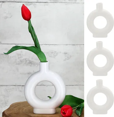 Produktbild von Vase Ringform 3er Set 12x15x3cm weiß Keramik Donutform Blumen Gräser Pflanzen Dekovase Blumenvase