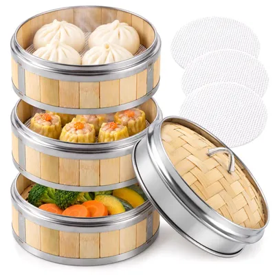Bambusdämpfer Ø 16 cm, 3 Körbe, Deckel, 3 Silikonmatten, für Dumplings