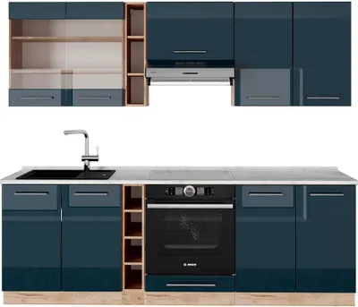 Produktbild von Küchenzeile Vicco Fame-Line Dunkelblau Hochglanz/Goldkraft Eiche 235 cm , AP Marmor, Model 49741