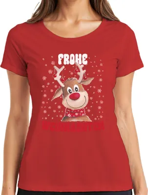 Produktbild von Frohe Weihnachten Süßes Reh Rentier - Weihnachten Xmas Christmas Damen T-Shirt, Rot, XL