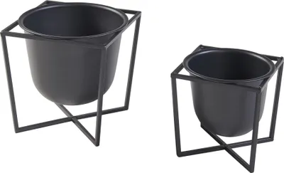 Two black metal plant stands with pots, shown against a white background.