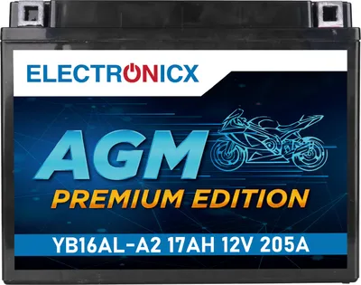 Immagine prodotto di Batteria per moto Electronicx AGM 12 V 17 Ah 205 A/EN YB16AL-A2 - Senza manutenzione, lunga durata, elevata potenza di avviamento - Sostituisce il modello 51616 ▶ Batteria premium 12 V senza manutenzione  Spedizione in Germania