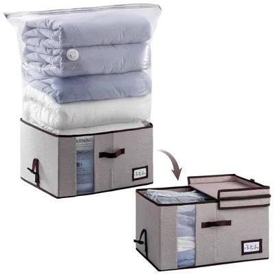 Image de Sacs de conservation sous vide 2 en 1 avec boîte de rangement, grande taille, pliables, 53x38x30 cm, gris et marron. Gain de place de 80 %