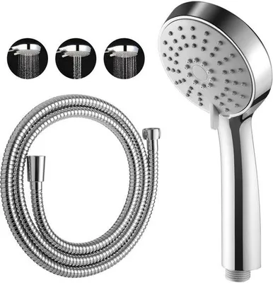 Produktbild von OFFO Duschkopf mit Schlauch, 1,6 m Schlauch, mit 3 Sprühmodi, Hauptduschkopf mit wassersparendem Schlauch, Handbrause für das Badezimmer, Chrom, rund, 10 cm, Chrom