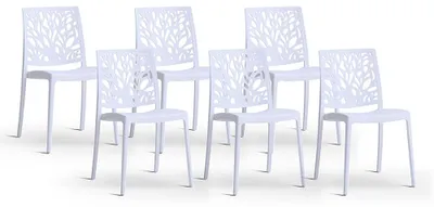 Immagine prodotto di Set di 6 sedie impilabili in polipropilene, con design dello schienale ispirato alla natura, piedini antiscivolo, ideali per giardino, cucina e ristoranti. Colore: Edera/Bianco