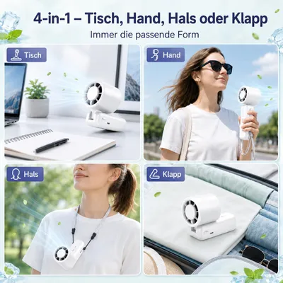 Produktbild von 4-in-1 Handventilator, 5 Stufen Tragbarer Ventilator, 1-199 stufenlos Handventilator, Klappbar, USB Nackenventilator, LED Display, Weiß