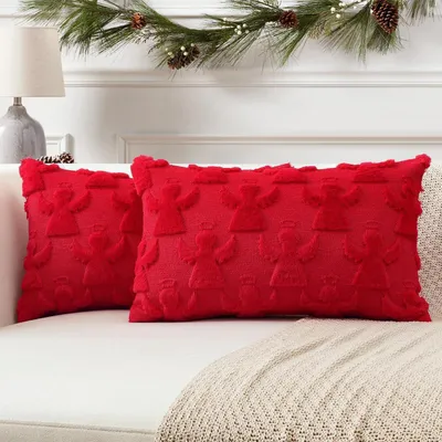 Productafbeelding van 2 stuks kussenhoezen, wollen pluche, rood, 40x60 cm, kerstboom- en elandmotief
