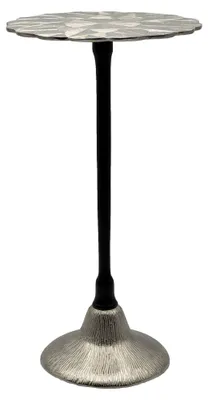 Beistelltisch Aluminium 29 cm mit runder, muschelförmiger Tischplatte in Silber und schwarzer Mittelsäule, Gesamtansicht.