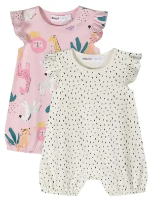 Productafbeelding van Minoti - Rompertje voor baby meisjes, katoen, ruches (2-pack) MN708 (9-12 maanden (baby)) (wit/roze)