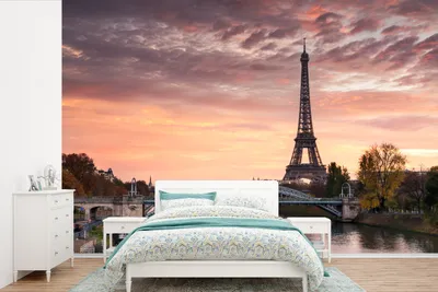 Produktbild von MuchoWow® Fototapete für Wohnzimmer oder Schlafzimmer Wandtapete Vinyl Motivtapete Ein wunderschöner orangefarbener Himmel über dem Eiffelturm in Paris - 450x300 cm - Gemusterte