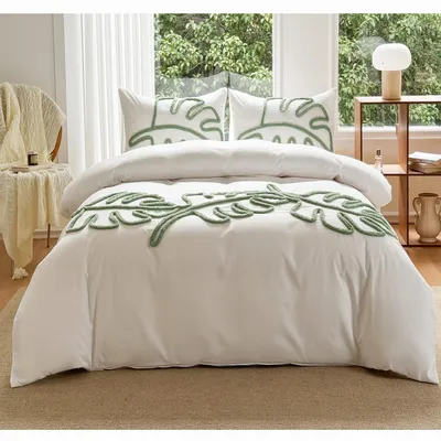 Produktbild von Bettwäsche Getuftetes Bettbezug 200x200cm Stickerei Grüne Blätter Boho Weiches Bettwäsche Set mit Reißverschluss und Kissenbezüge 80x80cm