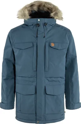 A blue Fjällräven parka with a fur-lined hood is shown against a white background.