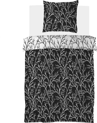 A flat lay of a black and white patterned duvet cover and pillowcase set.