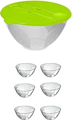 Produktbild von Salat-Set Transparent mit Griff, 7-teilig, 5 Liter Hauptschüssel, 6x 1L Beilagenschüsseln, grünes Besteck