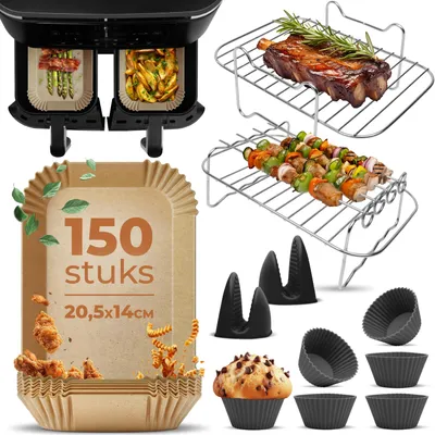 Zdjęcie produktu dla Akcesoria do frytownicy na gorące powietrze Fentic - Odpowiednie do frytownicy Ninja Foodi Max Dual Zone AF300EU AF400EU - Od 7,6 l do 9,5 l - Zawiera papier do pieczenia i e-książkę z przepisami