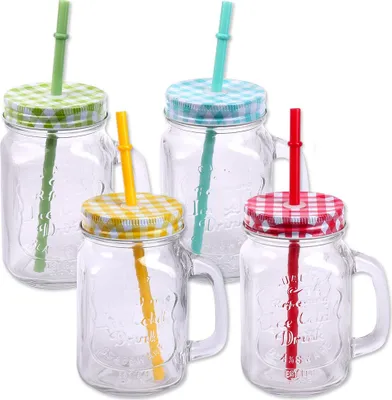 Produktbild von Schramm® 4 Stück Trinkgläser mit Deckel, Henkel und Mehrweg -Strohhalm Trinkhalm wiederverwendbar (iii) Glas Gläser Trinkglas Cocktail ca. 500ml Drinking