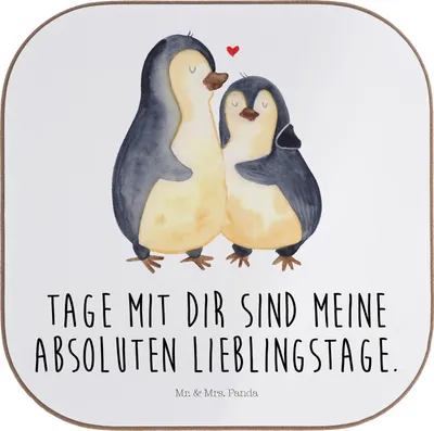 Produktbild von Mr. & Mrs. Panda Tischschoner Pinguin umarmen - Weiß - Geschenk, Hochzeit, Hochzeitsgeschenk, Liebe, Tassenuntersetzer, Coaster, gläseruntersetzer, Holzuntersetzer