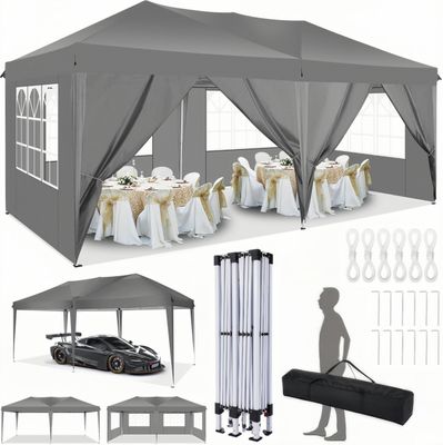 Pavillon 3x6m, Festzelt Faltpavillon Gartenzelt Wasserdicht, UV-Schutz, mit 6 Seitenteilen und 2 Eingängen, für Garten Terrasse Feier Party, Grau