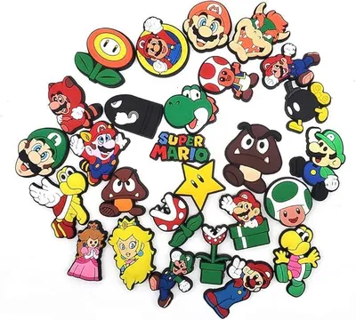 Produktbild von 39 Stück Schuhdeko im Super-Mario-Design – bunte Schuh-Charms für Clogs, Sandalen & Kinderschuhe