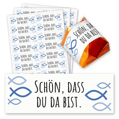 Produktbild von younikat Schön, dass du da bist Aufkleber-Set I 60 Stück I Gastgeschenk passend für Küsschen Pralinen I Ichthys Fisch blau I Taufe Hochzeit Kommunion I dv1423