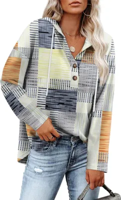 Produktbild von ASKSA Damen Kapuzenpullover V-Ausschnitt Kariertes Knopfleiste Leichter Lockere Langarm Hoodie Sweatshirt (Blau,S)