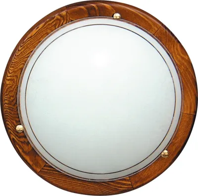 A close-up, top-down view of a round ceiling light with a wooden frame and a frosted glass diffuser.