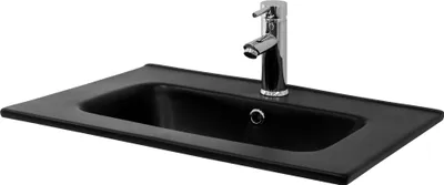 A black sink with a chrome faucet against a white background.
