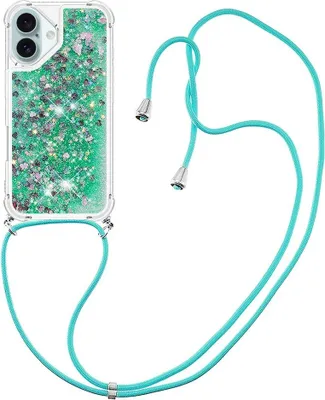 Produktbild von iPhone 16 Hülle - Coverup Liquid Glitzer Back Cover mit Handykette - Grün