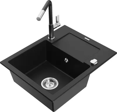 Produktbild von Mexen Enzo 1 Becken-Granitspüle mit Abtropffläche und Mischbatterie Flora, Schwarz - 6506-77-670401-07