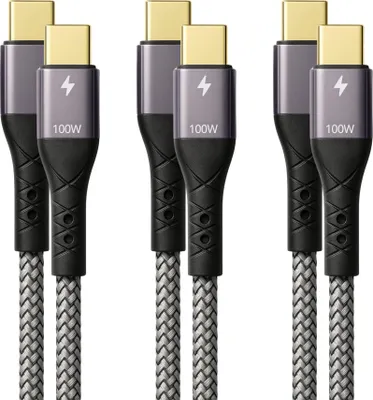 Produktbild von ProfiPatch USB C auf USB C Kabel 0,5m+1m+2m 100W PD 3.0 5A E-Mark Chip grau Goldkontakt Textil USB Datenkabel, Schnellladekabel für Notebooks, Laptops und Handys