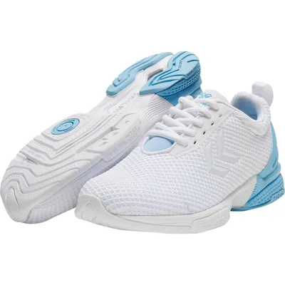 A pair of white and blue athletic shoes are shown against a white background.