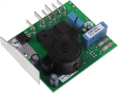 A close-up, angled view of an electronic circuit board with various components.