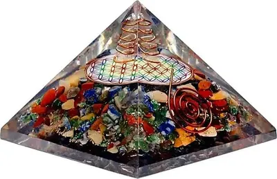 Obrázok produktu pre Čakrová pyramída kvetu života s krištáľovým hrotom - 7x7x6cm