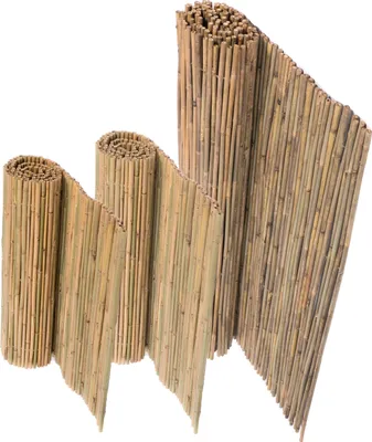 Three rolled-up bamboo mats of varying sizes are displayed against a white background.