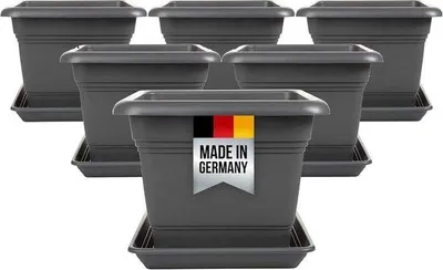 Image de Ensemble de 6 grands pots anthracite avec soucoupes – résistants au gel et aux intempéries