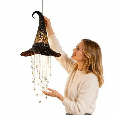 Produktbild von Halloween Deko Hexenhut, beleuchtete Hängedeko aus Metall, leuchtende Hexenhut-Dekoration für Tür, Veranda, Terrasse, Fenster und Garten
