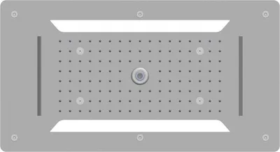 A top-down view of a large, rectangular stainless steel shower head designed for ceiling installation.